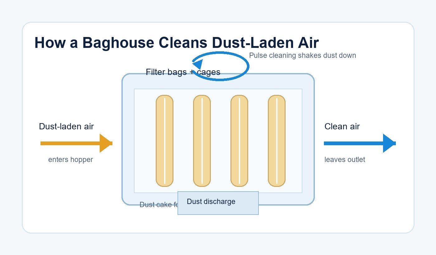 Simple diagram showing how a baghouse dust collector works
