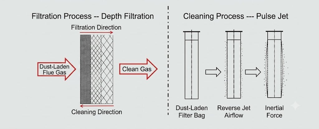 Metal fiber filter element filtration and pulse cleaning mechanism sketch