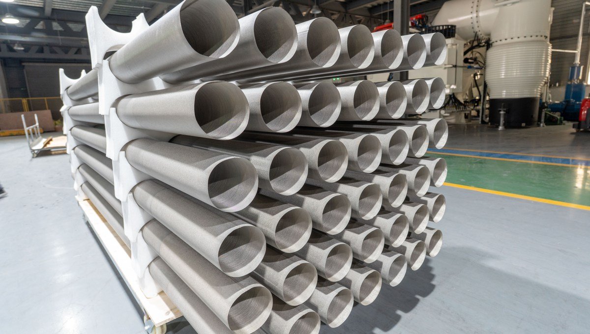 Long metal filter elements arranged for batch inspection