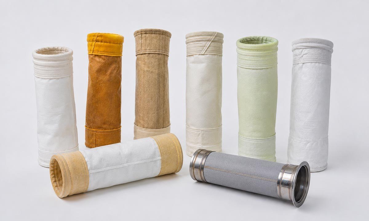 Industrial filter bag material collection including polyester PPS aramid FMS PTFE and metal fiber filter bags